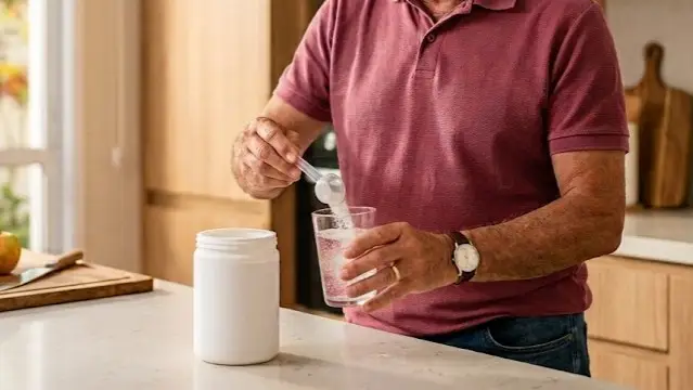 Idoso colocando creatina em um copo com água para beber