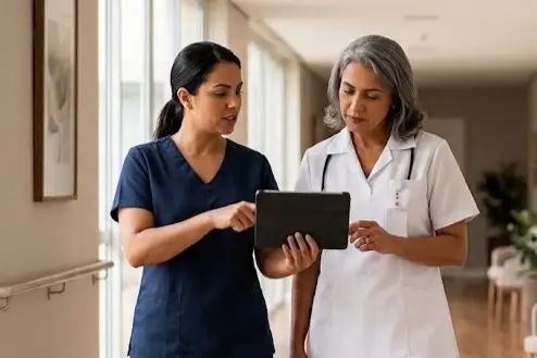 Cuidadora mostrando tablet para a enfermeira chefe